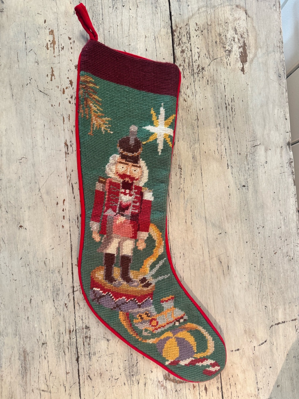 Vintage Peking Handicraft Nutcracker Needlepoint Christmas Stocking Wool Cotton